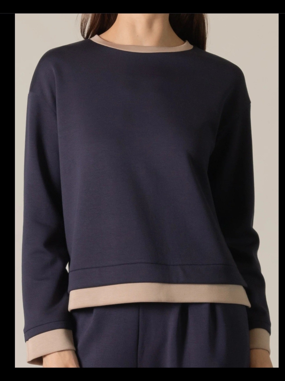 Relaxed Navy Sweatshirt with Tan Contrast Trim